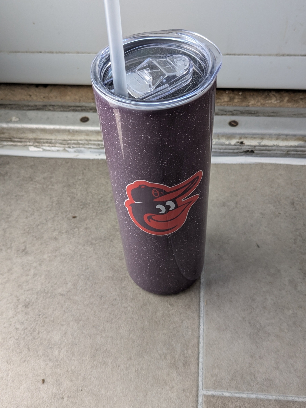 Orioles Purple Speckle Travel Tumbler with Clear Lid and Straw